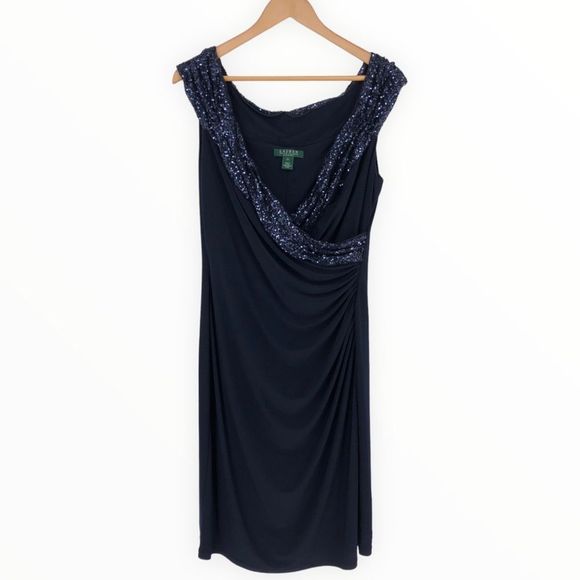 Lauren Ralph Lauren Evening Navy Sequin Trim Stretch Jersey Dress size 14 - Picture 1 of 12